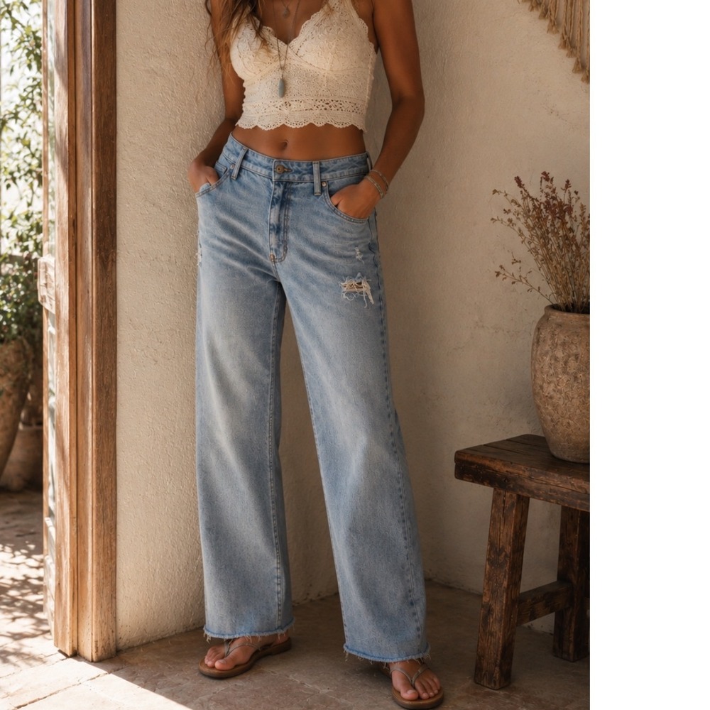BCBGeneration High Rise Wide Leg Distressed Raw Hem Jeans Light Wash Blue 9/29